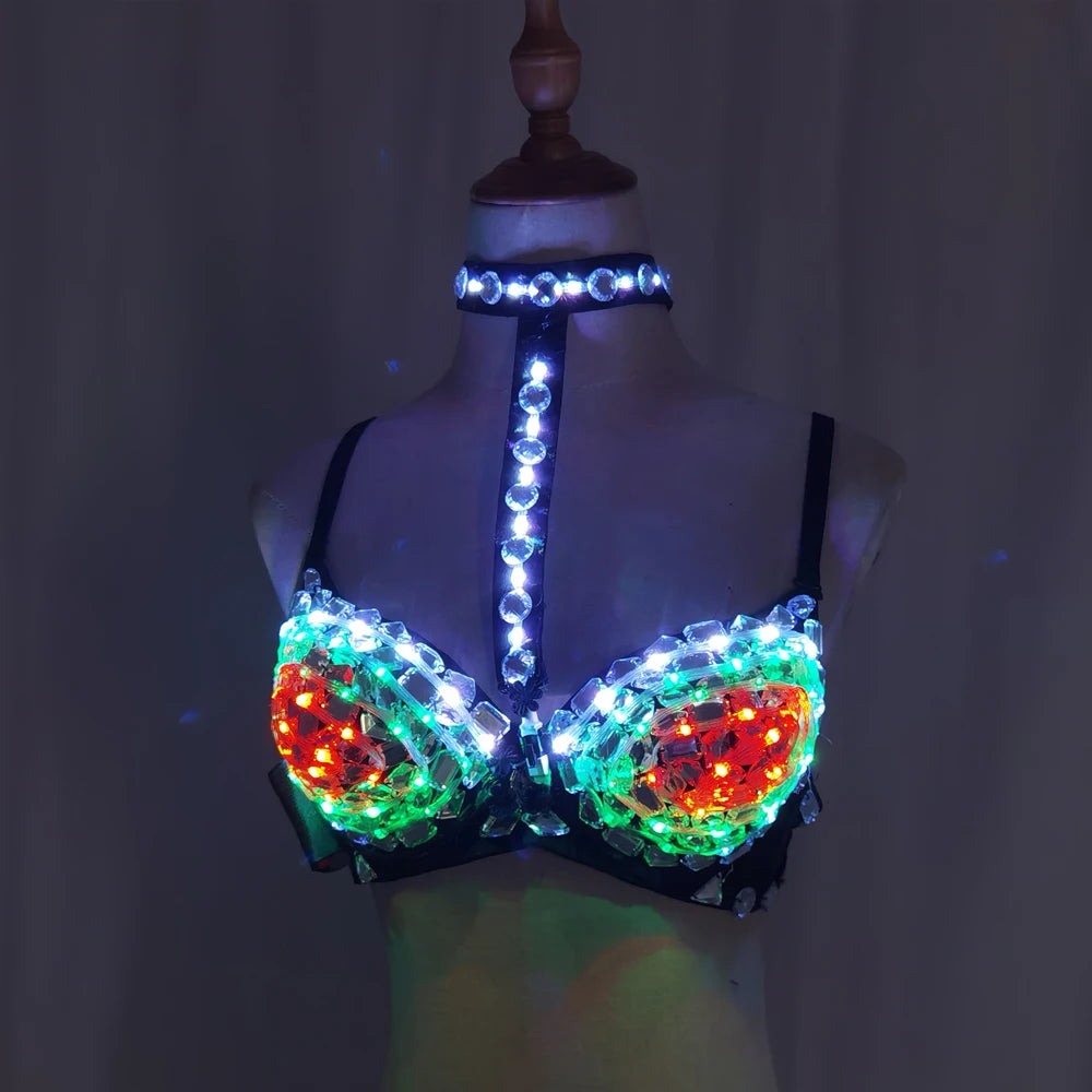LED Rhinestone Bra & Choker Set | RGB Colour-Changing | Gogo & Stage