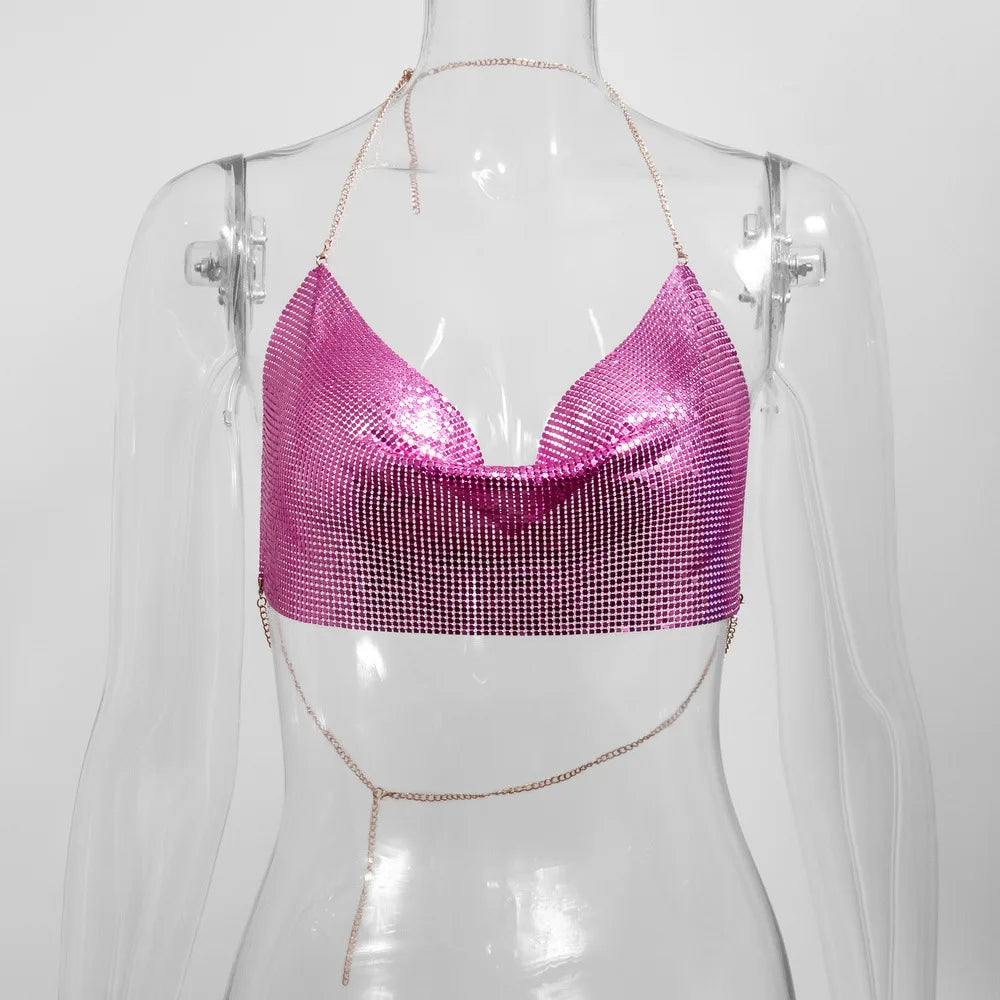 Metallic Glitter Halter Crop Top - Backless Corset Tank