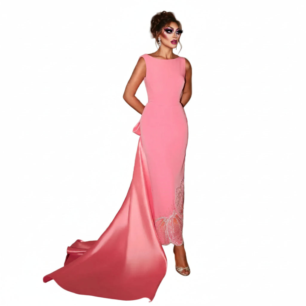 Scalloped Beaded Evening Gown | O-Neck | Coral Pink & Lilac