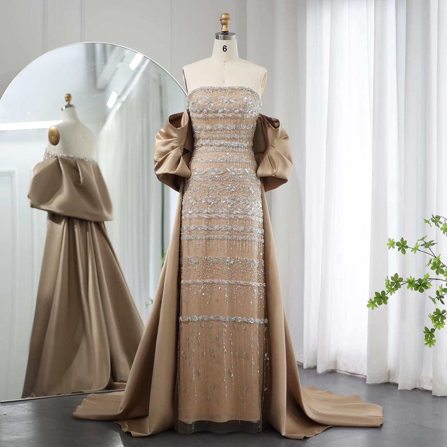 Sage Green & Champagne Beaded Mermaid Pageant Gown | Cape | Short Sleeve