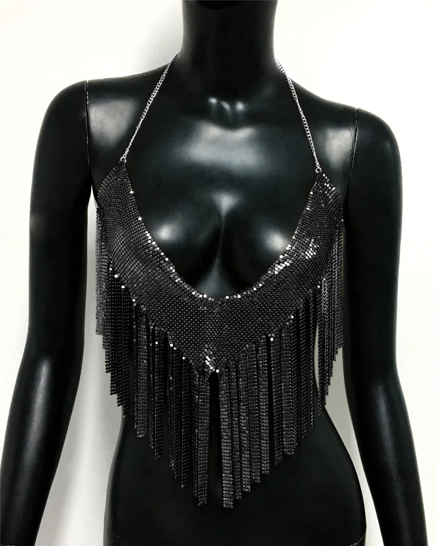 Metal Sequin Tassel Halter Crop Top - Backless Chain V-Neck Party Top