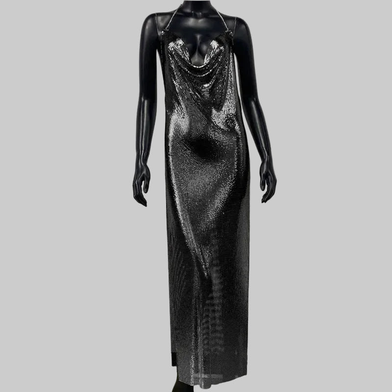 Metal Sequin Chain Strap Maxi Dress