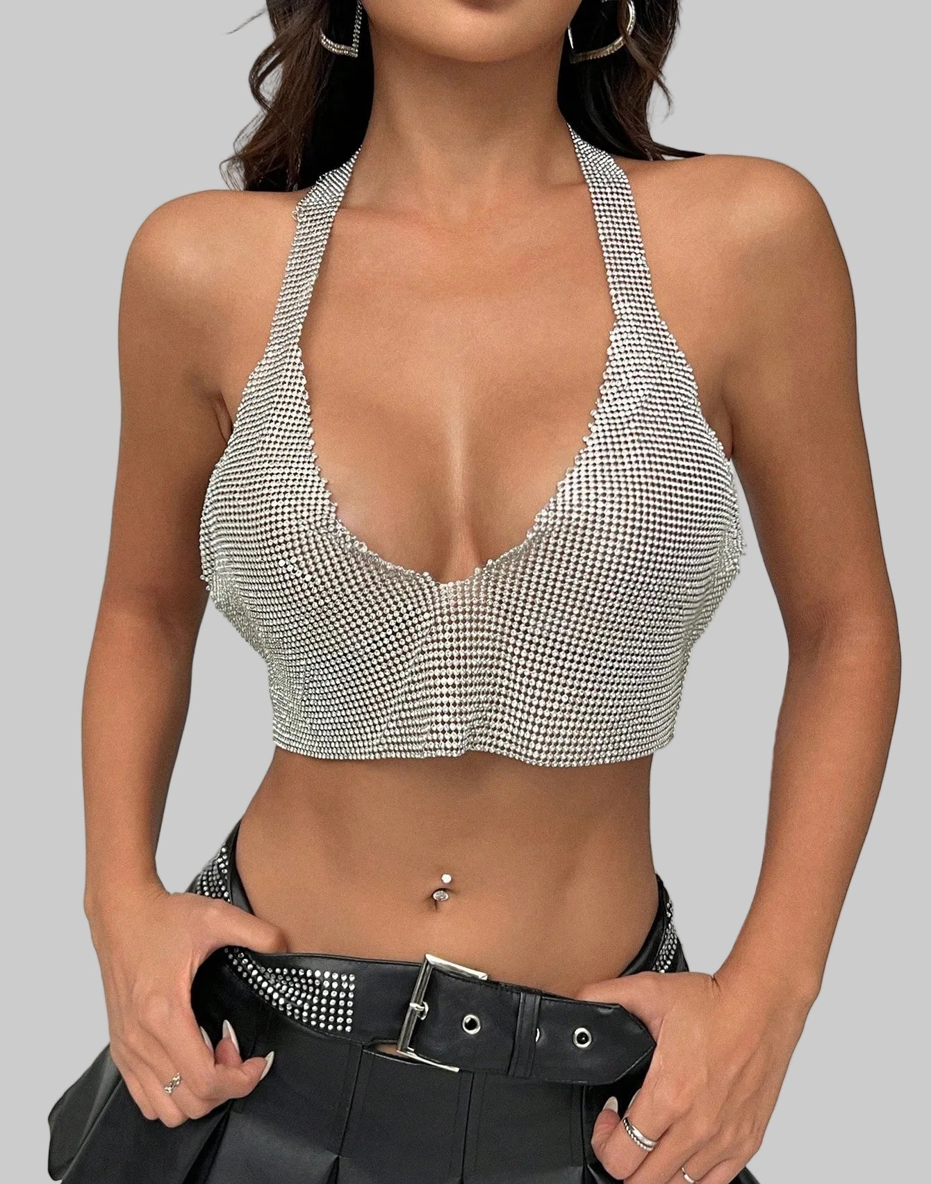 Metal Sequin Rhinestone Crop Top - Backless Chain Tank for Festival & Rave