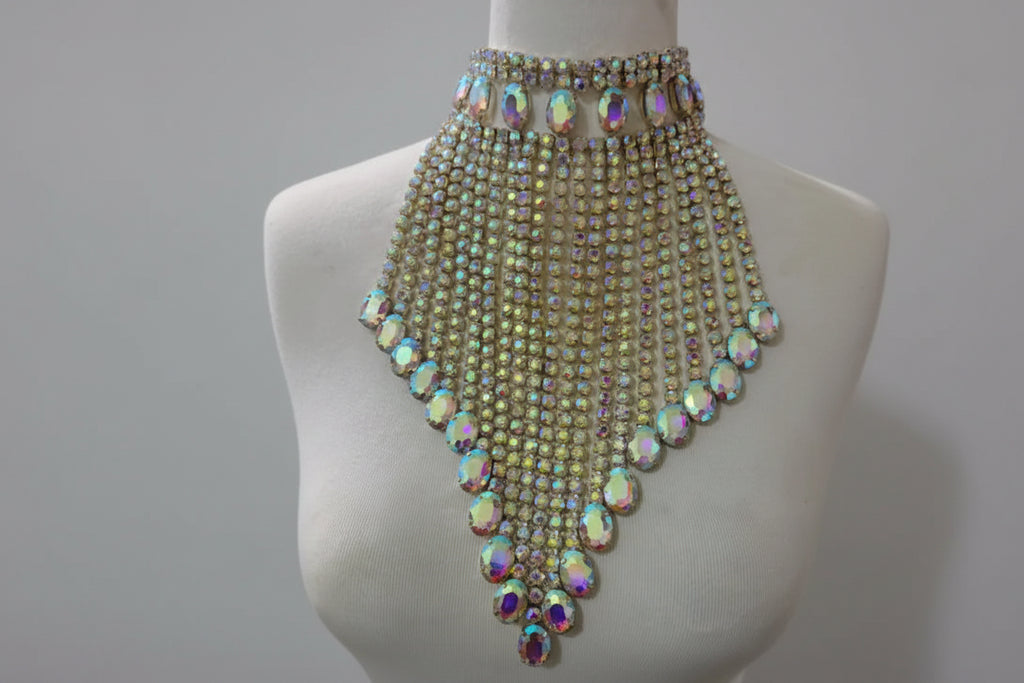 Rhinestone Tassel Necklace - AB Crystal Water Drop Statement Choker