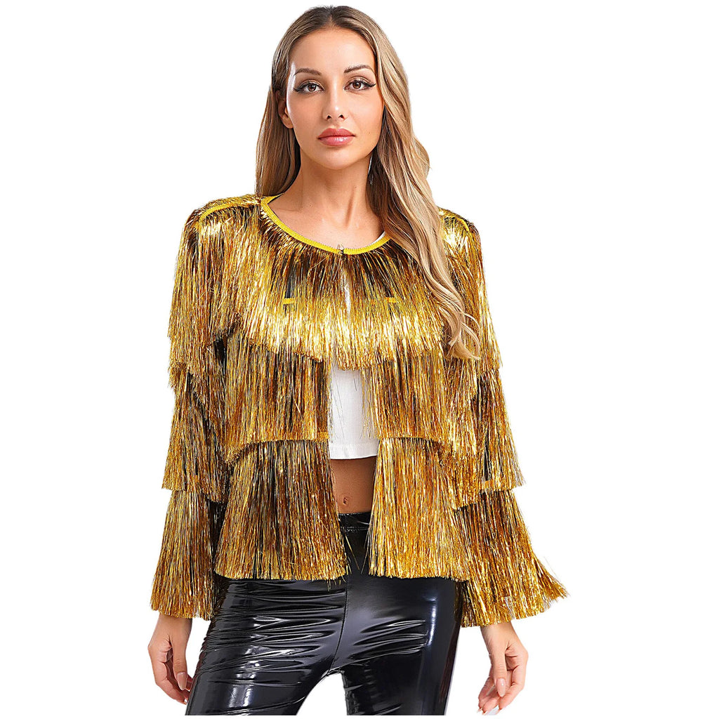 Gold Tiered Fringe Jacket | Sequin Tassel | Jazz Dance | Hollywood Glamour