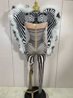 Zebra Stripe Stage Jumpsuit | Feather Trim | S–XL