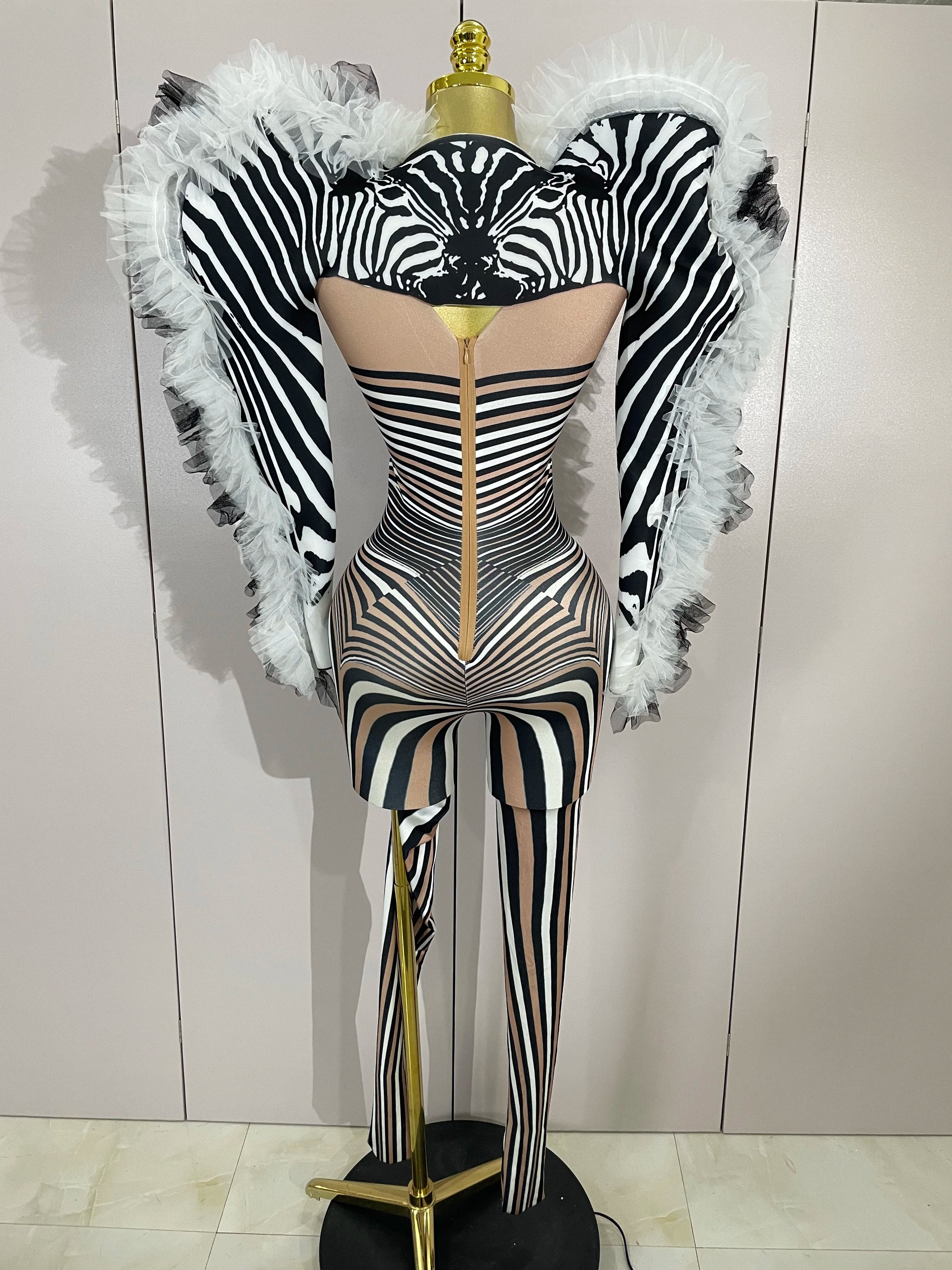 Zebra Stripe Stage Jumpsuit | Feather Trim | S–XL