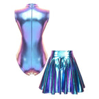 Holographic 2-Piece Set | Cutout Bodysuit + Pleated Skirt
