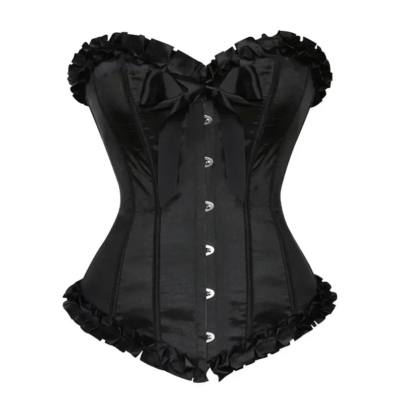 Satin Overbust Corset | Ruffle Trim | Lace-Up Back