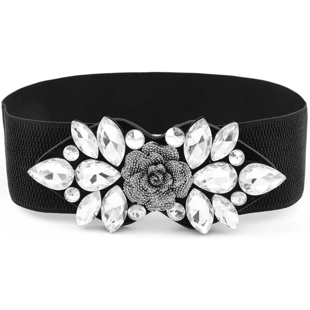Rhinestone Flower Wide Elastic Belt | Stage & Dressy