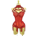 Rhinestone Harness Bodysuit | Garter Straps | Red