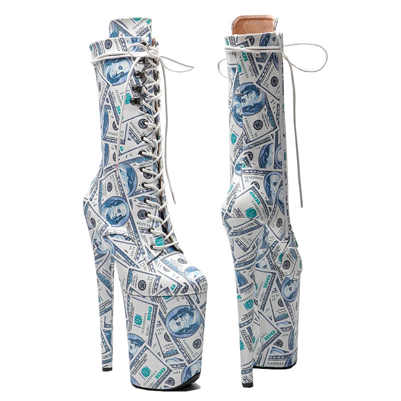 23CM Platform Ankle Boots - Dollar Print High Heel Pole Dance Boots
