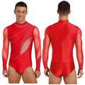 Men's Rhinestone Leotard | Mock Neck & Diagonal Sheer Mesh Panel | Long Sleeve