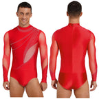 Men's Rhinestone Leotard | Mock Neck & Diagonal Sheer Mesh Panel | Long Sleeve