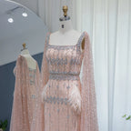 Crystal Mermaid Gown with Cape | Feather Trim | 3 Colors