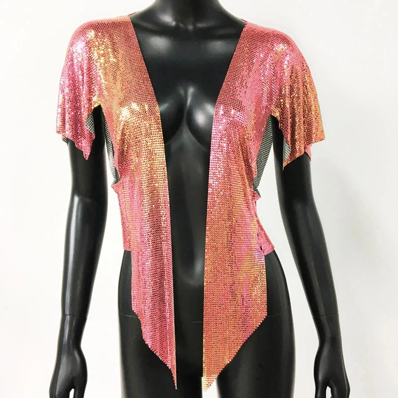 Metal Sequin Crop Cardigan - V-Neck Festival Performance Top