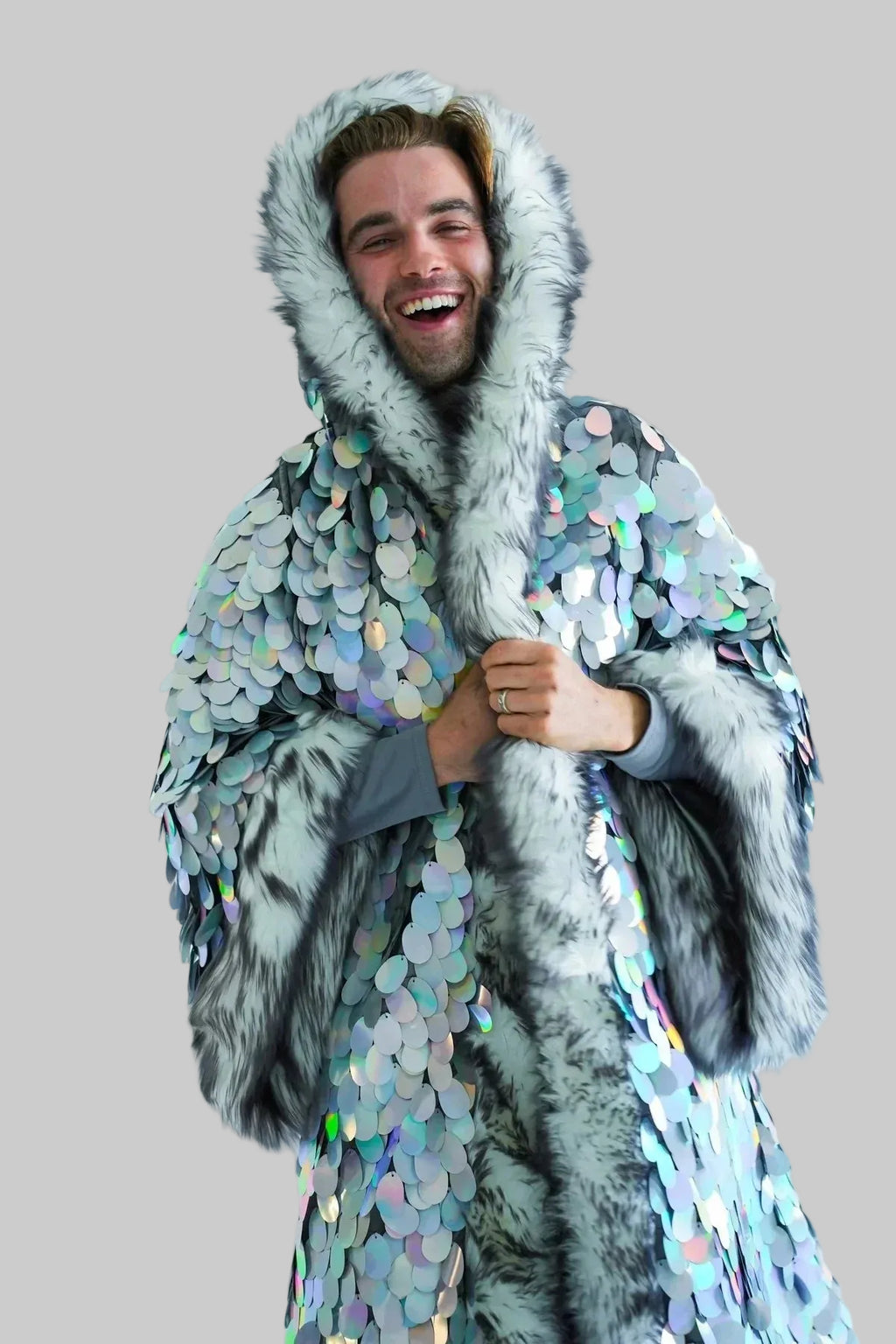 LED Silver Sequin Faux Fur Jacket