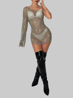 Rhinestone Fishnet Mini Dress - One Shoulder Mesh Cover Up