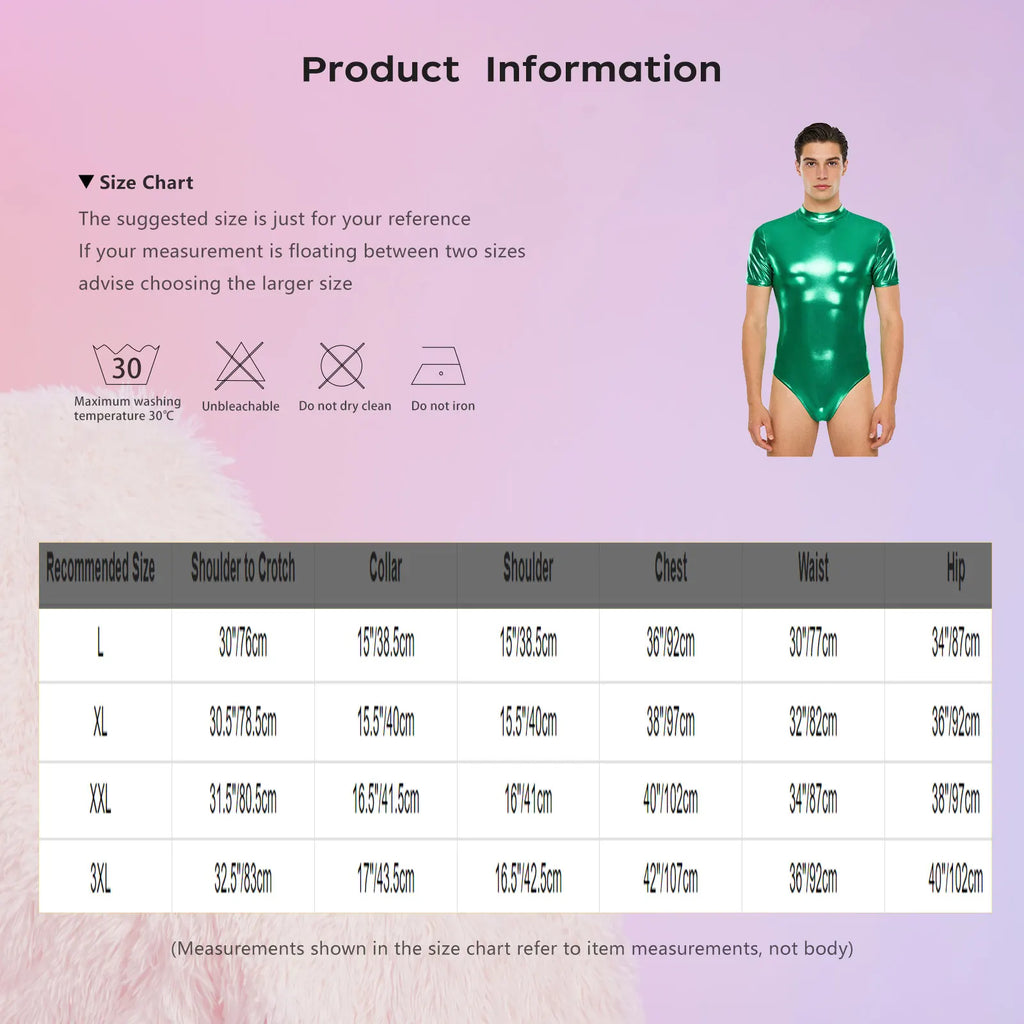 Men's Metallic Dance Bodysuit | Short Sleeve Mock Neck | Back Zipper | Stage Performance