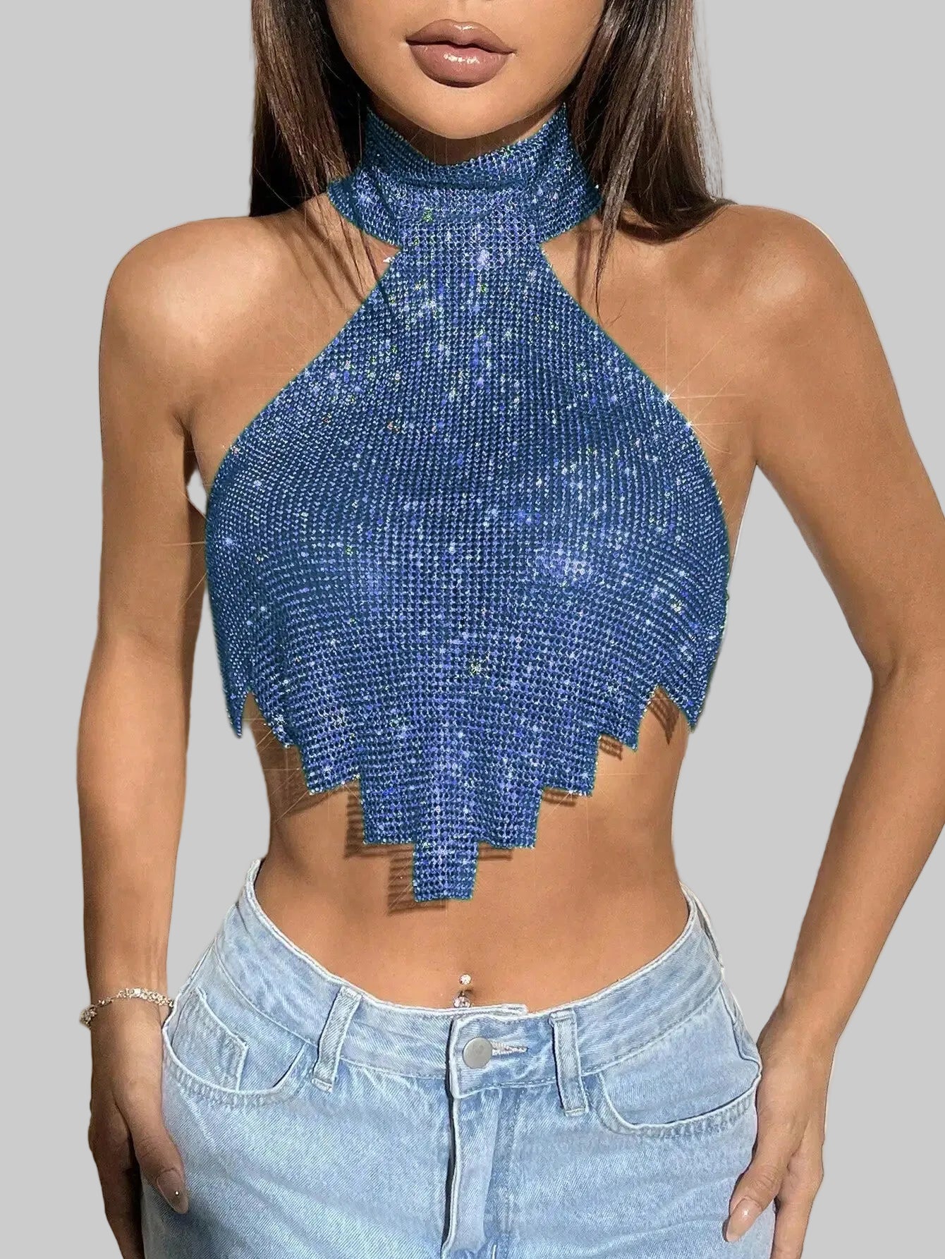 Rhinestone Off-Shoulder Halter Camisole - Backless Crop Top