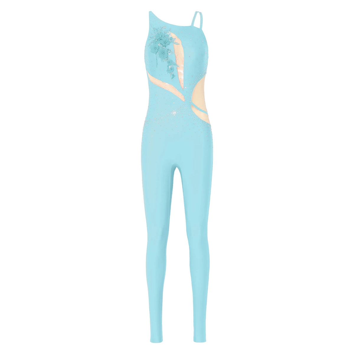 Women's Rhinestone Gymnastics Unitard | Mesh Patchwork & Asymmetric Shoulder | Performance Jumpsuit