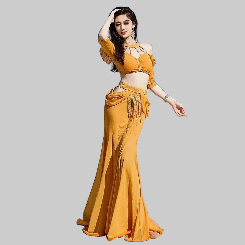 Belly Dance Training Outfit - Fringe Top & Fishtail Skirt 3-Piece Set