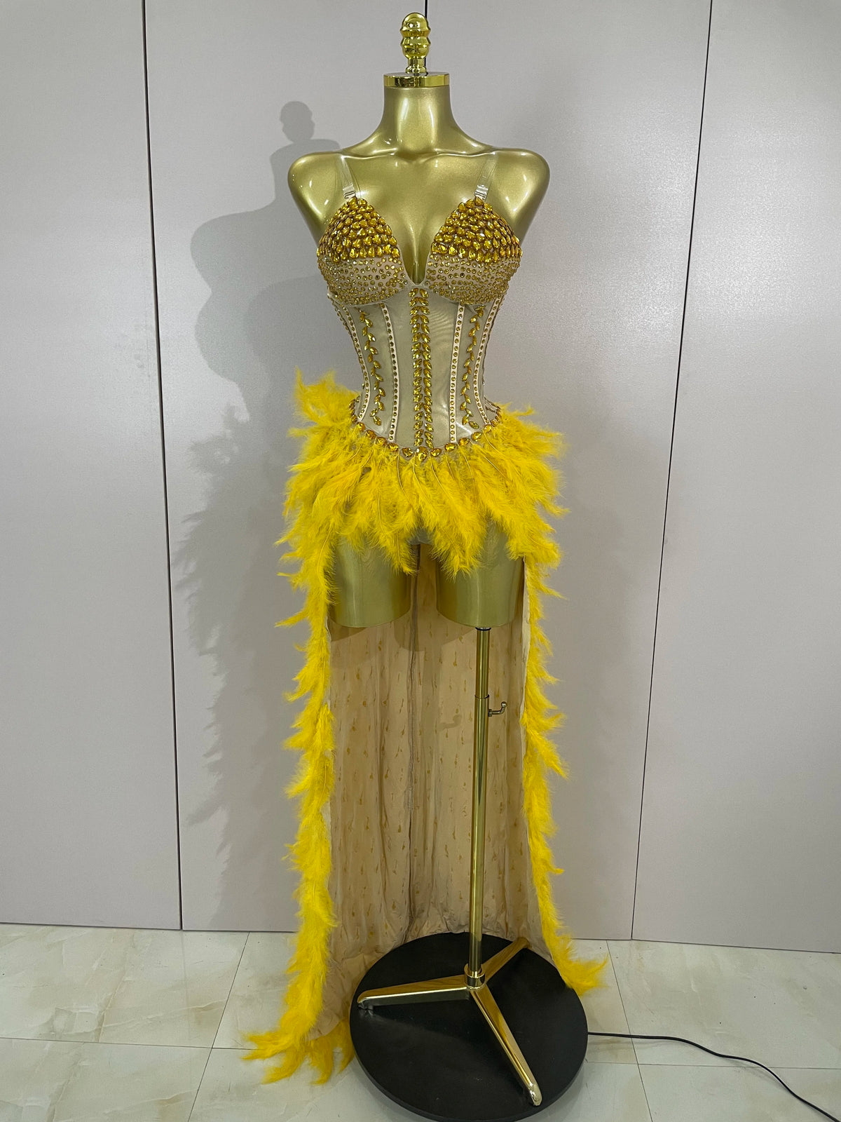 Rhinestone Feather Train Bodysuit | Stage Dress | S–XL