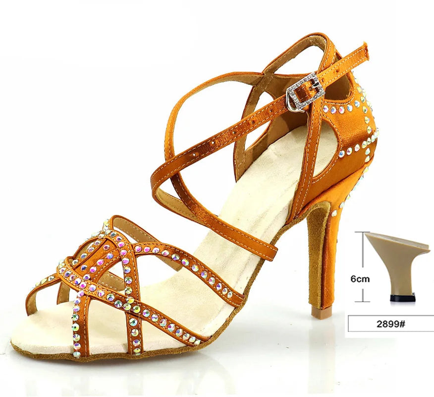 Bronze Rhinestone Latin Dance Heels | Satin | 5–10cm