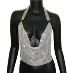 Rhinestone Sequin Deep V Halter Crop Top - Backless Diamond Tank