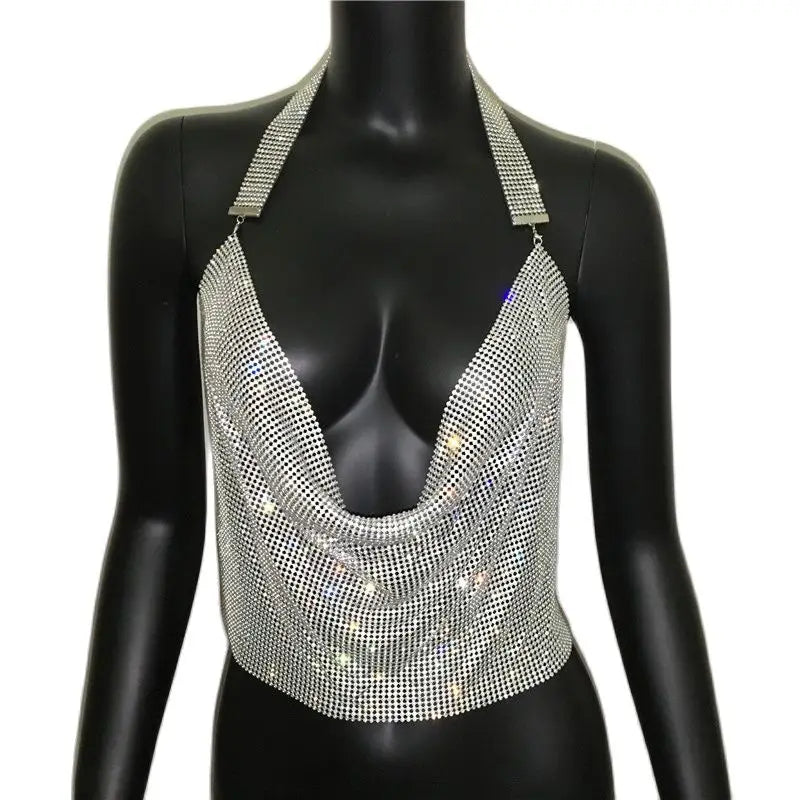 Rhinestone Sequin Deep V Halter Crop Top - Backless Diamond Tank