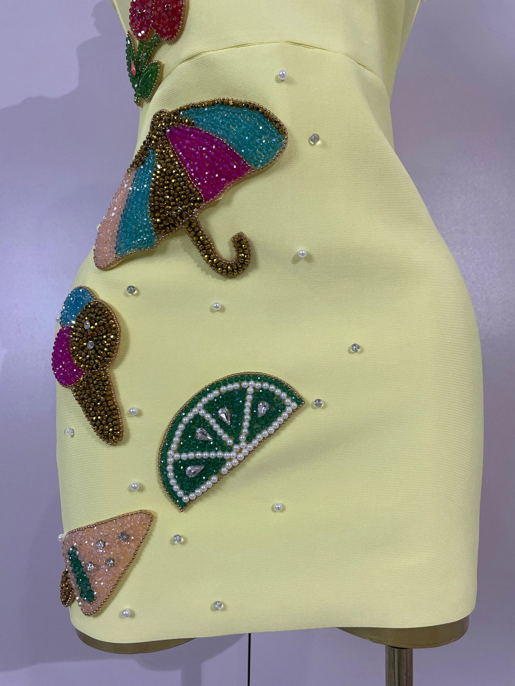 Tropical Fruit Appliqué Bodycon Mini Dress | Square Neck | Stage
