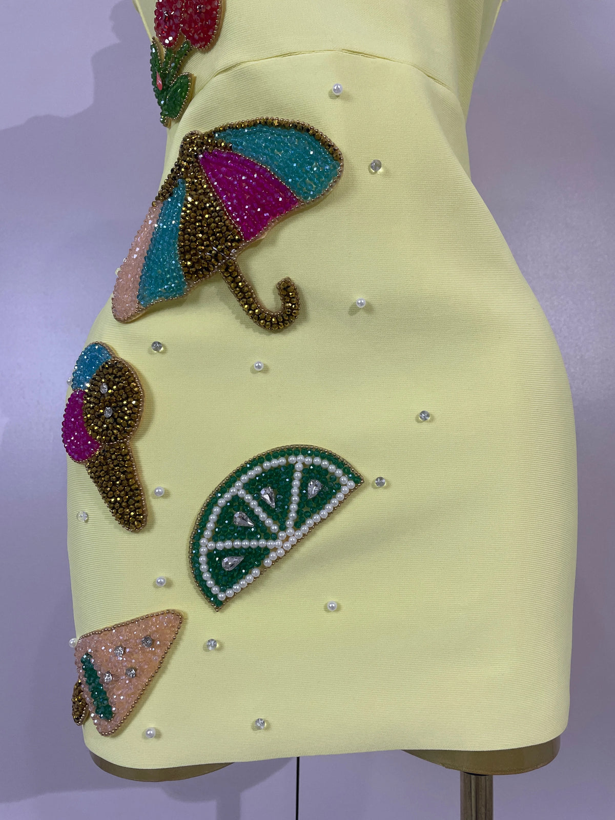 Tropical Fruit Appliqué Bodycon Mini Dress | Square Neck | Stage