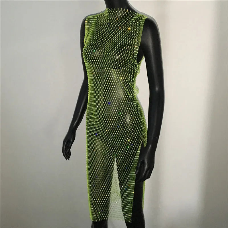 Rhinestone Fishnet Mini Dress - Sheer Cover-Up Party Dress