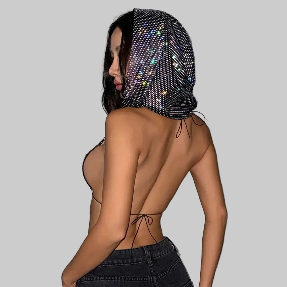 Rhinestone Mesh Hooded Crop Top - Deep V-Neck Backless