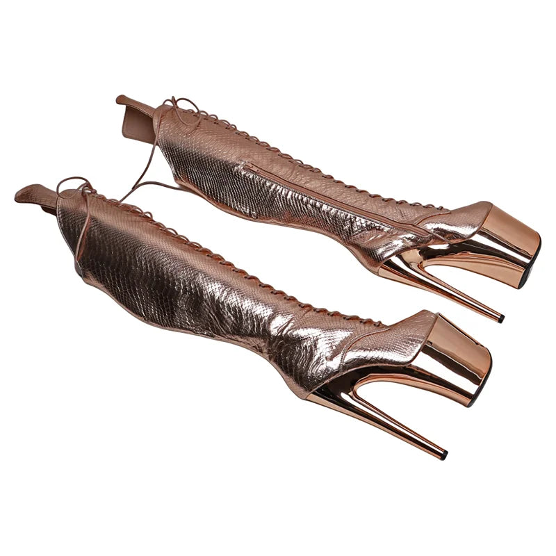 Snakeskin Thigh-High Platform Pole Dance Boots – 8-Inch Heel