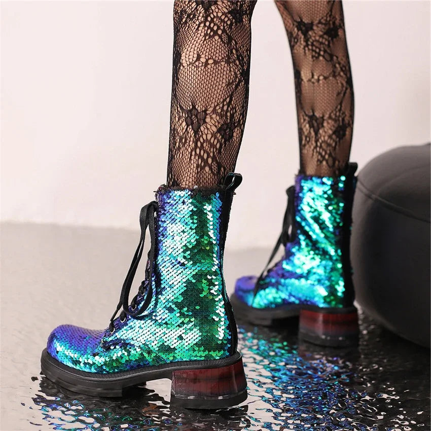 Sequin Ankle Boots | Lace-Up | 5.5cm Heel