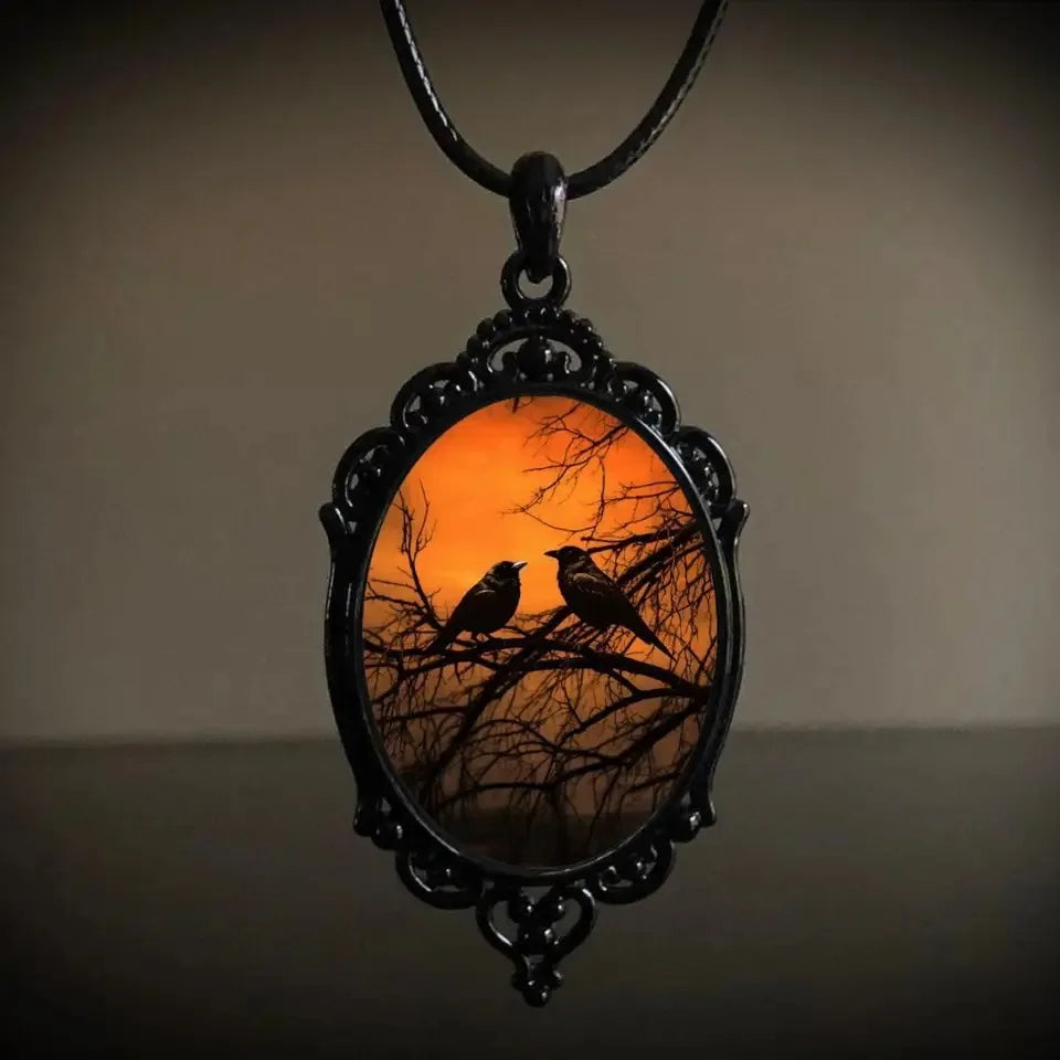 Gothic Castle Cameo Necklace | Crow & Bat | Rope Chain