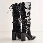 Pleated Patent Leather Mid-Calf Boots | Chunky Heel