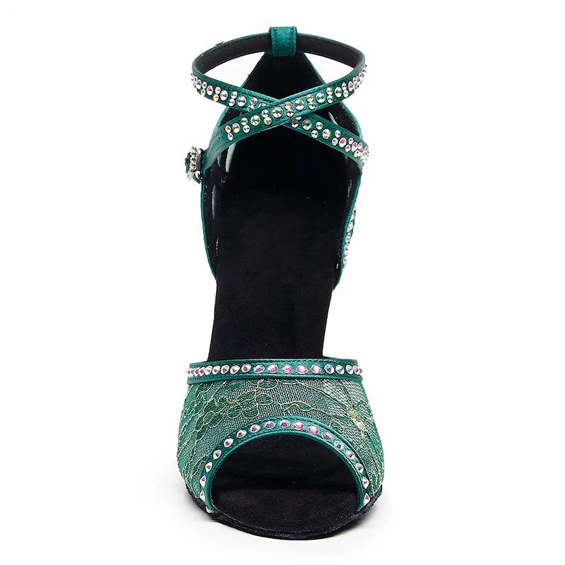 Rhinestone Lace Mesh Latin Dance Heels | Red & Green | 6–10cm