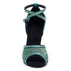 Rhinestone Lace Mesh Latin Dance Heels | Red & Green | 6–10cm
