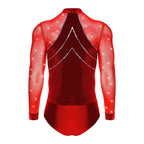 Men's Rhinestone Dance Leotard | Deep V-Neck & Velvet Mesh Patchwork | Long Sleeve