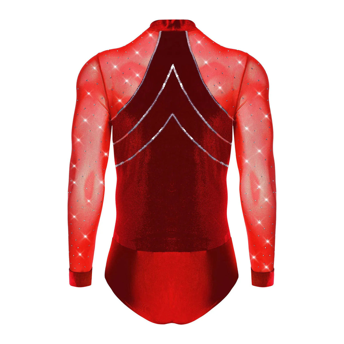 Men's Rhinestone Dance Leotard | Deep V-Neck & Velvet Mesh Patchwork | Long Sleeve