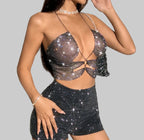 Rhinestone Fishnet Mesh Crop Top - Metal Neck See-Through Camisole