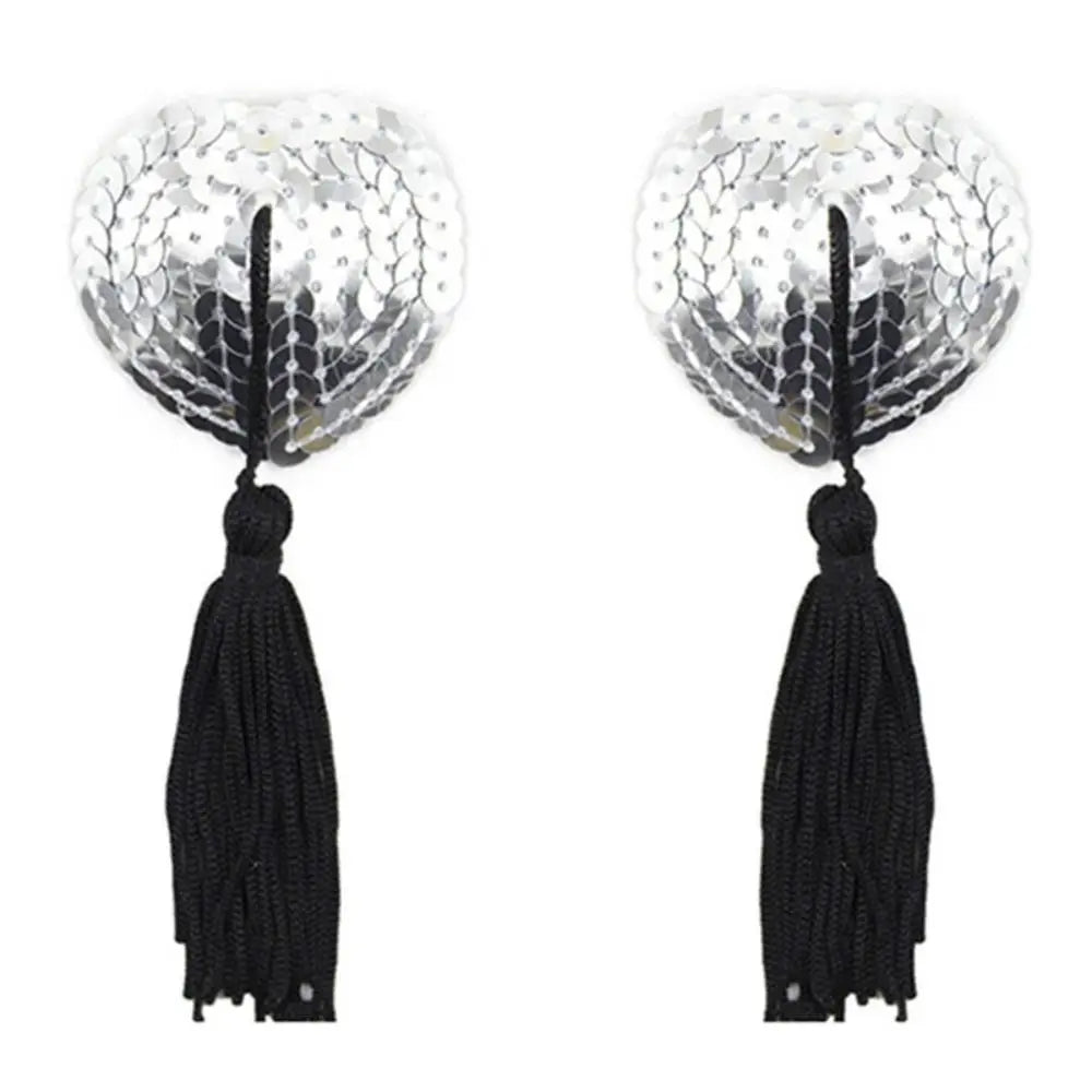 Sequin Heart Tassel Nipple Covers - Reusable Self-Adhesive Pasties for Performers