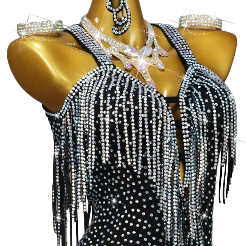 Rhinestone Tassel Latin Dance Dress – Short Performance Skirt