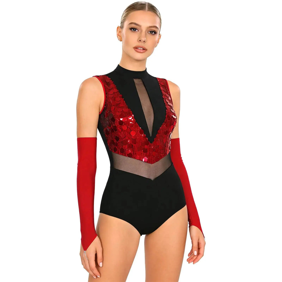 Women's Sequin Dance Leotard | Mock Neck & Sheer Mesh Waist | Includes Arm Sleeves