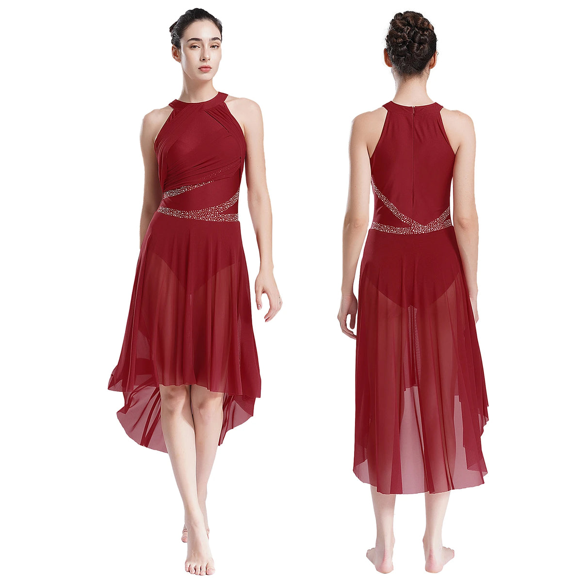Women's Rhinestone Ruched Lyrical Dance Dress | Halter | Asymmetric Hem | 6 Colors | S–XXL
