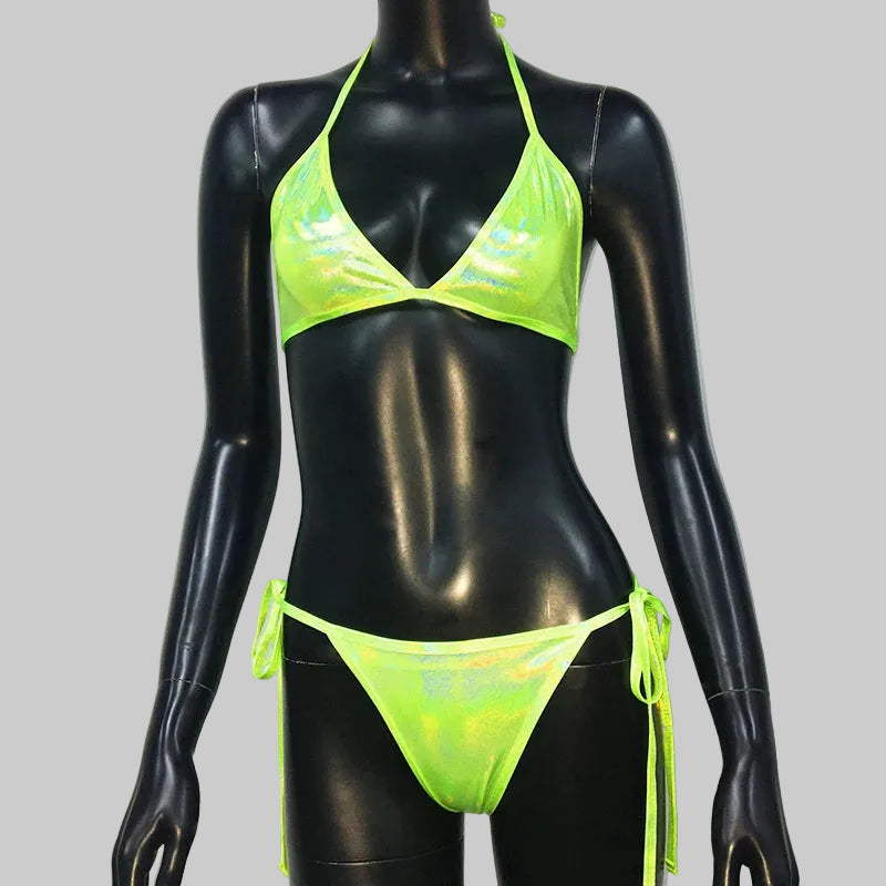 Rhinestone Bandage Bikini Set - Padded Halter Swimwear
