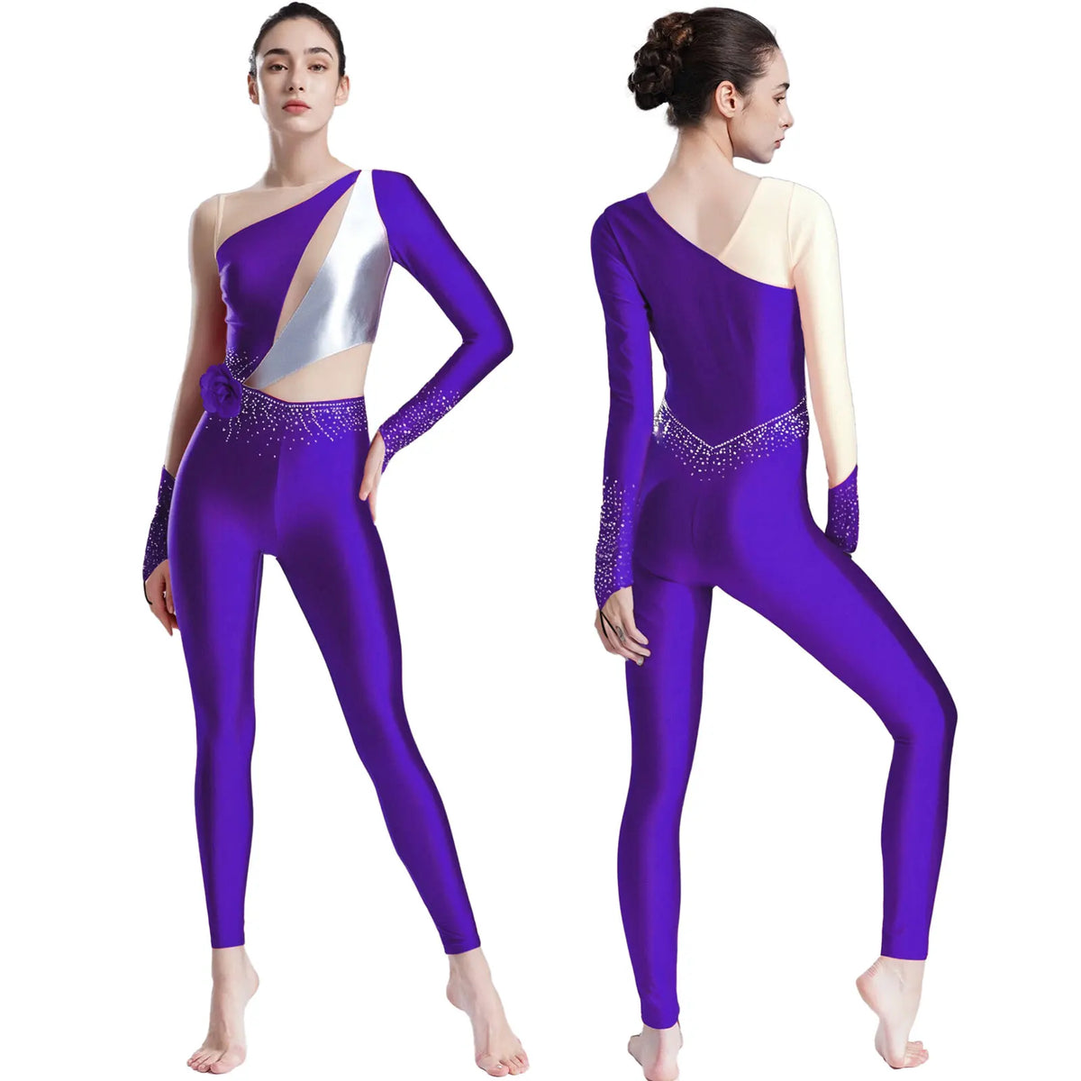 Rhinestone Dance Jumpsuit | Asymmetric Metallic Detail