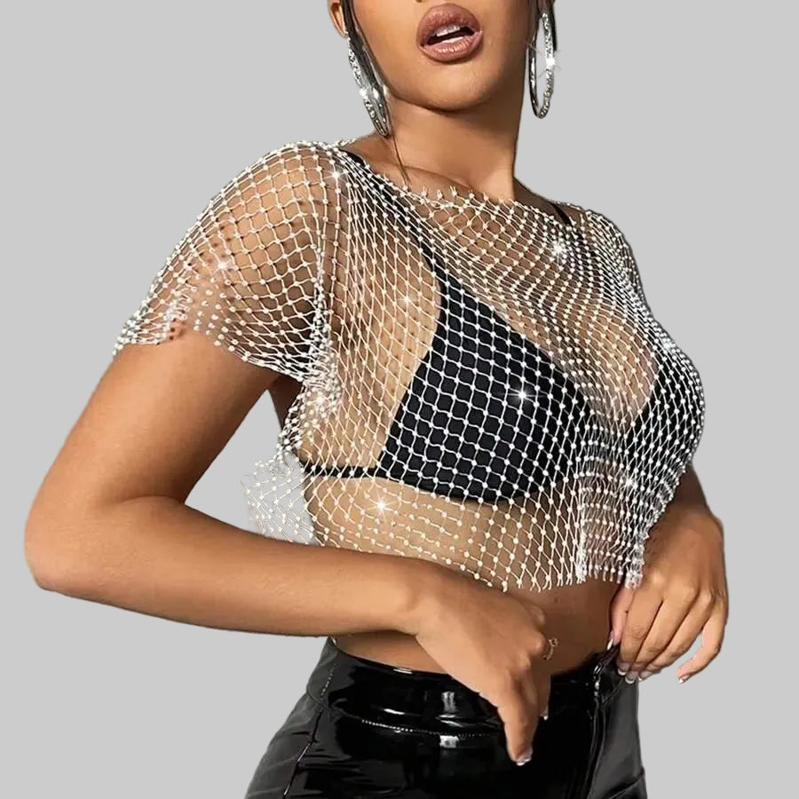 Rhinestone Fishnet Plaid T-Shirt - Sheer Bikini Cover-Up